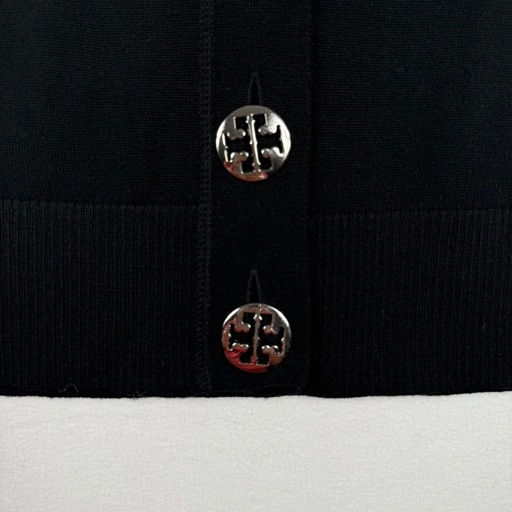 Tory Burch Simone Cardigan XS Black Wool Logo Button Preppy Minimalist Sweater